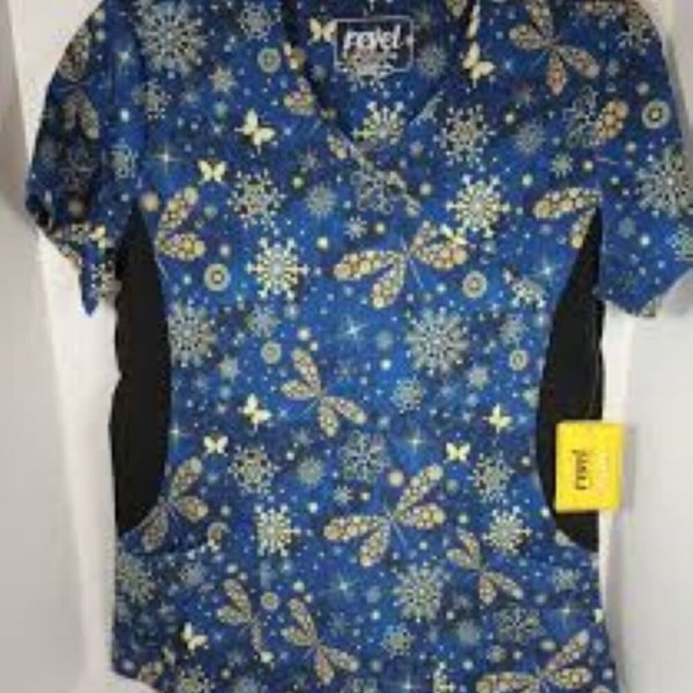 Revel Premium Stretch Gold Dragonflies Women M Scrub Top New